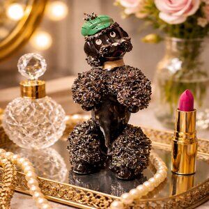 Vintage Spaghetti Poodle Figurine Black Porcelain Poodle Dog MCM Home Decor